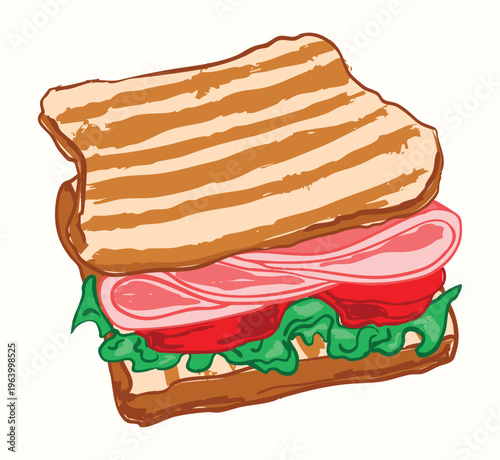 Toasted Panini Sandwich with Ham, Cheese, Tomato, and Lettuce