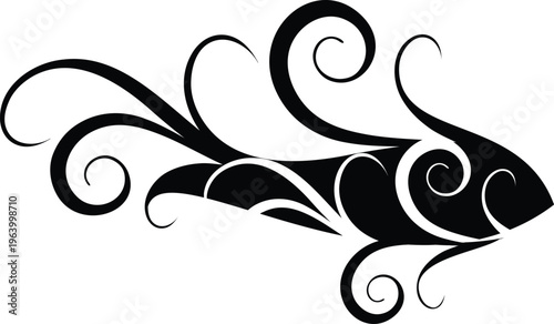 Black tribal fish silhouette with curly ornamental details vector icon, minimalist aquatic animal logo, elegant seafood restaurant or nautical symbol, isolated on white.