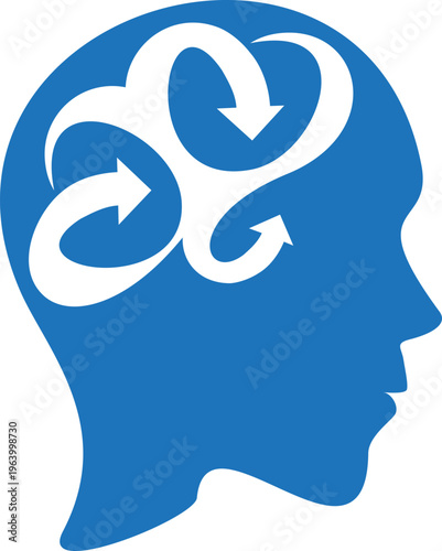 Blue human head silhouette with swirling arrows vector, mental health and cognitive process icon, brainstorming and creative thinking logo, isolated psychology symbol.