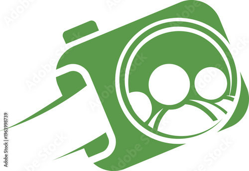 Green camera icon logo with family people group, fast speed motion photography, community social media connection, capture professional moments, memories, digital