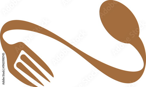 Infinity fork and spoon vector logo, brown minimalist restaurant and catering icon, elegant cutlery design for food services, isolated kitchenware symbol.