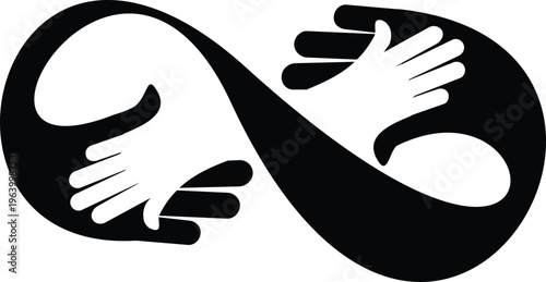 Infinity hands silhouette vector logo, black and white minimalist partnership and charity icon, eternal caring and support symbol for non-profit organizations, isolated on white.