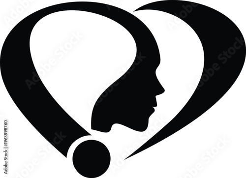 Mental health awareness logo with heart and head silhouette, black and white psychology icon, empathy and emotional intelligence symbol, isolated human profile concept.