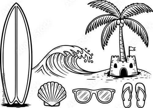 Black and white beach vacation including surfboard wave sandcastle sunglasses and flip flops