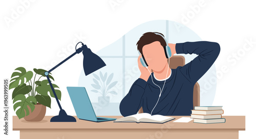 Flat vector illustration of a faceless male student sitting at a desk wearing blue headphones while studying with a laptop, open books, a desk lamp, and a potted monstera plant.