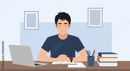 Flat vector illustration of a young man student sitting at a desk with eyes closed in a calm state of mindfulness, featuring a laptop, books, and stationary on a table.
