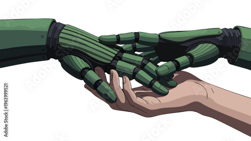 Human and green robotic hands gently touching, symbolizing AI connection, future technology, and collaboration