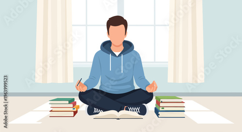 Vector illustration of a faceless male student wearing a blue hoodie sitting in a cross-legged yoga pose, meditating with stacks of textbooks and an open book on the floor.