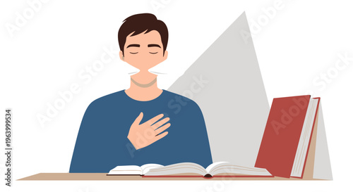 Flat vector illustration of a young man sitting at a desk with open books, practicing deep breathing exercises with eyes closed and hand on chest for stress relief and mindfulness.