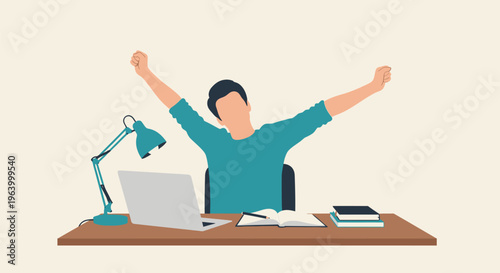 Minimalist vector illustration of a faceless male student or worker in a teal shirt sitting at a wooden desk with a laptop, lamp, and books, stretching his arms upwards in relief.