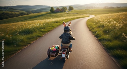 Easter bunny motorcycling on scenic road