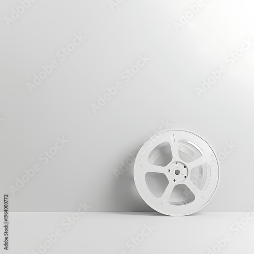 A white film reel sitting on a plain white surface against a white background