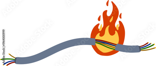 Cable fire, burning electric wire, short circuit damage hazard concept. Electrical cord flame danger, spark energy power accident. Cable fire industrial safety risk, ignite heat equipment.