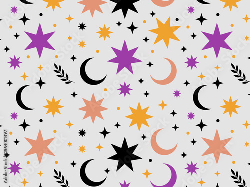 Seamless pattern of celestial bodies and botanical in purple orange black and peach