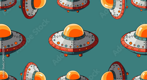 whimsical ufo pattern of cartoon flying saucers and alien spacecraft in a seamless design on teal background.