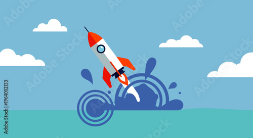 white and orange rocket launching from water with a large splash symbolizing startup success innovation and business growth.