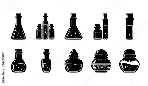 Alchemy potion bottles silhouette icon set fantasy vector design