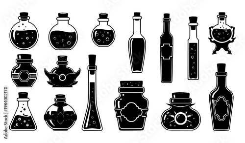 Magic potion bottle silhouettes collection mystical elixir vector illustration
