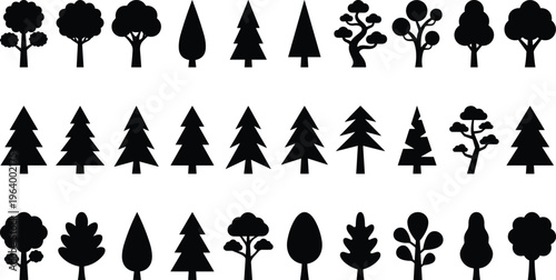 Collection of thirty black vector stylized tree silhouettes including pine fir and deciduous trees isolated on white background for nature forest graphic design