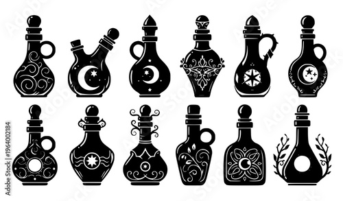 Decorative magic potion bottle silhouettes fantasy vector illustration
