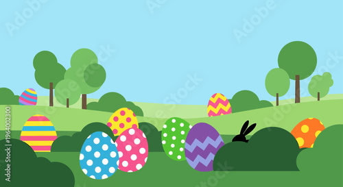 easter egg hunt in a vibrant spring holiday flat design landscape with colorful easter eggs and a hidden bunny