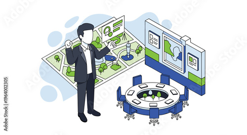 A businessman in a suit gives a presentation using an interactive holographic map in a futuristic command center with a round table.