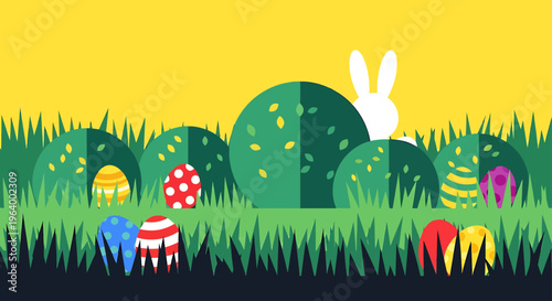 easter eggs and a hidden easter bunny in a vibrant springtime field perfect for an egg hunt celebration with flat design elements.
