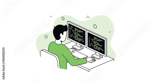 A male software developer in a green shirt sits at a desk, coding on two computer monitors with green text on a black background.