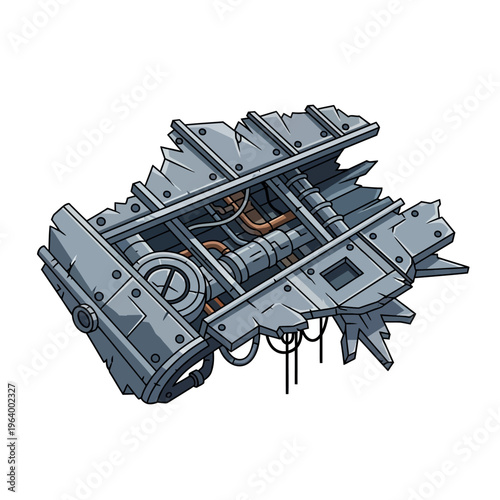 stylized vector of wreckage and industrial debris showing broken machinery with destroyed metal and damaged parts.