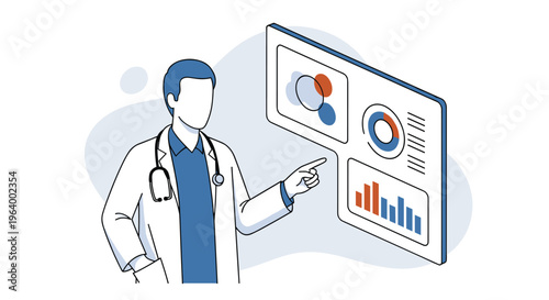 A doctor in a lab coat with a stethoscope analyzes patient data on a large interactive screen showing various medical charts and graphs.