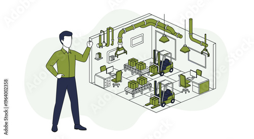 A manager presents an isometric view of a modern automated warehouse with forklifts, conveyor belts, and robotic arms in operation.