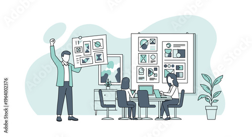 A creative team collaborates in a meeting room, where a man presents a mood board while his colleagues work on their laptops.