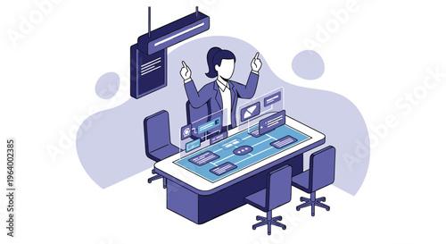 A businesswoman in a purple suit sits at a high-tech desk and interacts with multiple holographic user interface screens in a modern office setting.