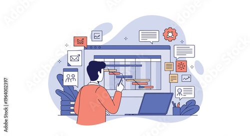 A project manager in a casual sweater interacts with a digital Gantt chart on a large floating interface while working on a laptop at his desk.