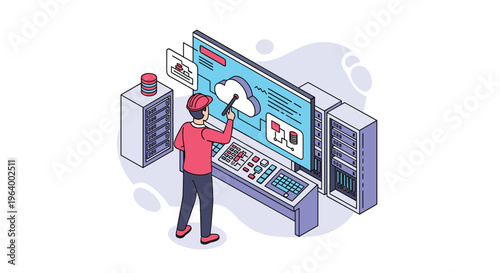 An IT engineer in a hard hat manages cloud computing services on a large interactive screen in a data center filled with server racks and a complex control panel.