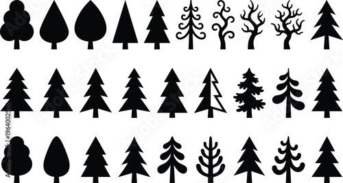 Collection of thirty black vector tree silhouette icons with blue selection path isolated on white background for nature landscape and forest graphic design editing