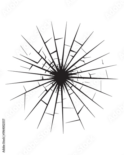 A high contrast black and white graphic illustration featuring a realistic shattered glass effect