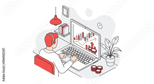 An investor wearing headphones analyzes a candlestick stock market chart on a laptop in a modern isometric home office workspace with a plant.