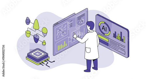 A scientist in a lab coat analyzes data on futuristic holographic touchscreens connected to an artificial intelligence processing unit.
