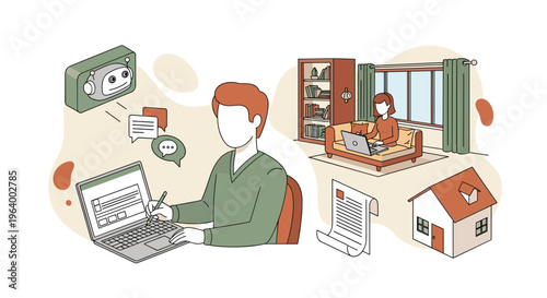 A man fills out an online form on his laptop while receiving help from a chatbot, illustrating remote work and digital services with a home office background.