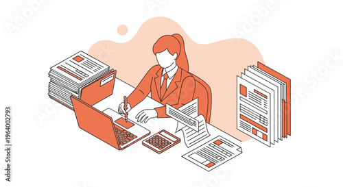 A female accountant in an orange suit works diligently at a desk cluttered with stacks of documents, using a laptop, calculator, and stylus for financial tasks.