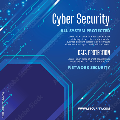 A young man works on his laptop with a cyber security interface on the screen