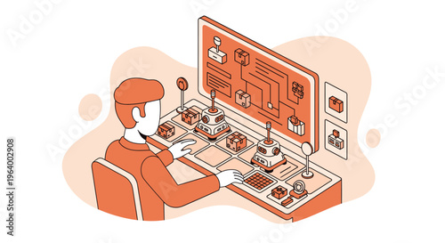 A male operator manages a supply chain and logistics system from a futuristic control panel with joysticks and a large digital display.