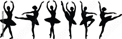 Set of six black vector silhouette female ballet dancers in dynamic classical performance poses isolated on white background for dance studio graphic design