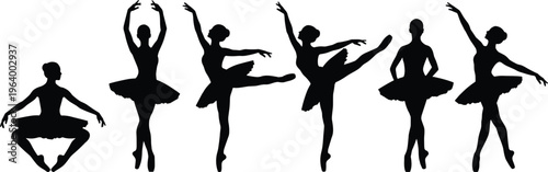 Collection of six black vector silhouette female ballet dancers in elegant classical poses wearing tutus isolated on white background for dance graphic design