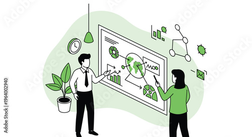 Two business colleagues collaborate on a global strategy, pointing at data visualizations and network maps on a large interactive screen.