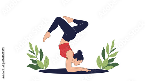 Skilled woman performing an advanced yoga forearm balance pose in a peaceful indoor setting surrounded by lush green foliage.
