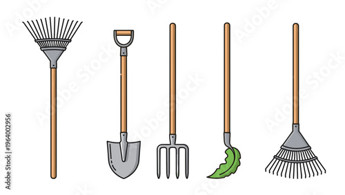 Lineup of five essential long-handled garden tools including a rake, shovel, and pitchfork for agricultural work and backyard care.