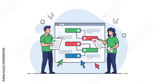 Two project managers collaborate on a digital Gantt chart, organizing tasks and timelines on a large browser interface for effective workflow.