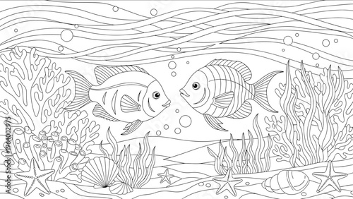 Detailed underwater coloring page for adults and children featuring two tropical fish, coral reefs, seashells, and starfish.